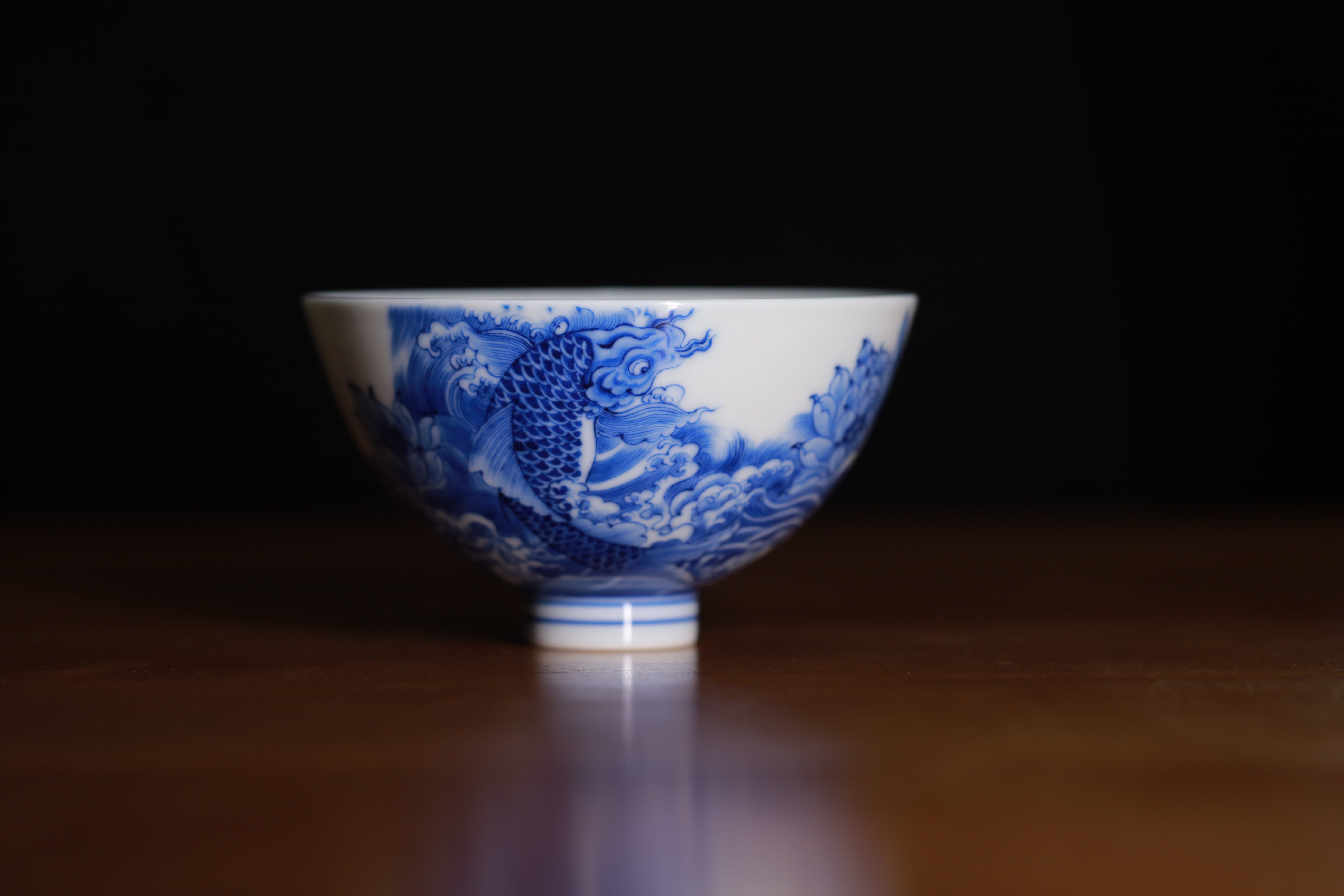 青花梦鱼鸡心杯